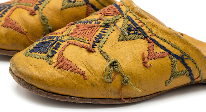 Traditional Moroccan Yellow Leather Slippers with Embroidery