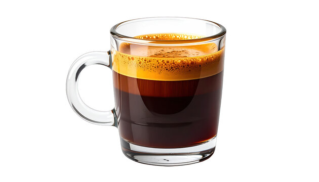 Freshly brewed espresso coffee in a transparent glass cup with rich golden crema isolated on white background