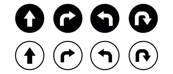 Navigation arrow circle button icon set with straight curve turn right left and u turn black vector elements © Icon Dreamer