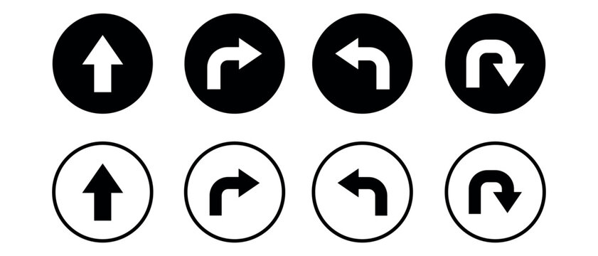 Navigation arrow circle button icon set with straight curve turn right left and u turn black vector elements