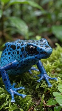 Blue poison dart frog, dendrobates tinctorius azureus, sitting on mossy ground in the tropical rainforest of suriname, south america vibrant blue amphibian with black spots in its natural habitat