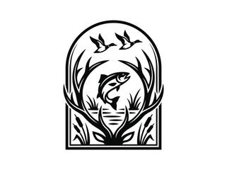 Fototapeta premium Wildlife Hunting and Fishing Emblem with Deer Antlers, Jumping Fish, and Flying Ducks
