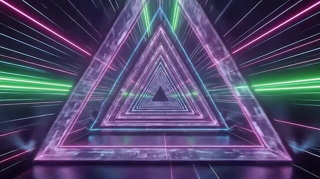 Entering a vibrant neon triangular tunnel with glowing light trails