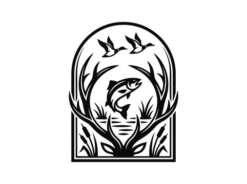 Wildlife Hunting and Fishing Emblem with Deer Antlers, Jumping Fish, and Flying Ducks