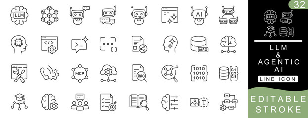 Advanced LLM & Agentic AI Line Icon Set – Editable Stroke Vector Icons for Large Language Models, AI Agents, RAG, MCP, Prompt Engineering and Generative AI © JAGU Graphix