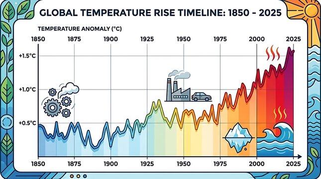 Global temperature rise timeline from 1850 to 2025