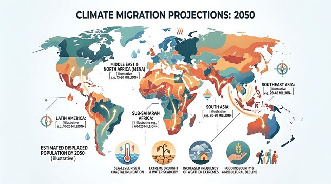 Global climate migration projections map for year 2050
