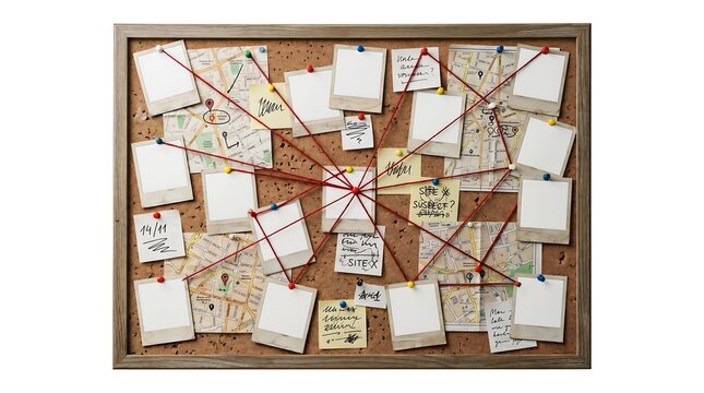 Detective investigation corkboard with blank instant photos, city maps, and red string connections isolated on white.