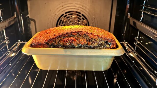 Loaf cake or banana bread baking inside oven with golden crust rising during cooking process, approach