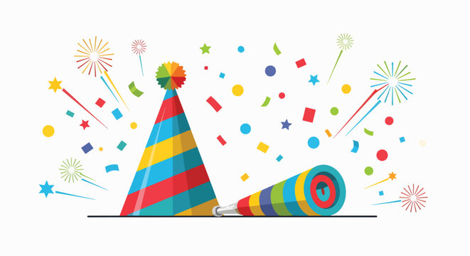 Colorful party hat and noisemaker with confetti and fireworks on a white background, creating a festive atmosphere.