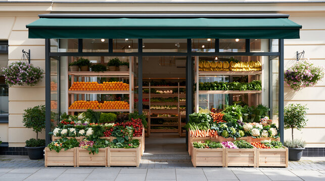 Neighborhood Grocery Shop with Fruit and Vegetable Displays Outside