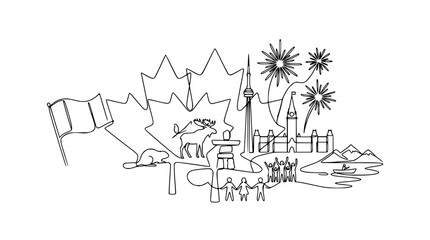 Canada Outline Map with Landmarks, Symbols, and People - Line Art © Akun Berkah