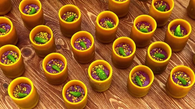 Rows of colorful dessert cups topped with mint leaves and evergreen sprigs arranged on wooden table, top down overview