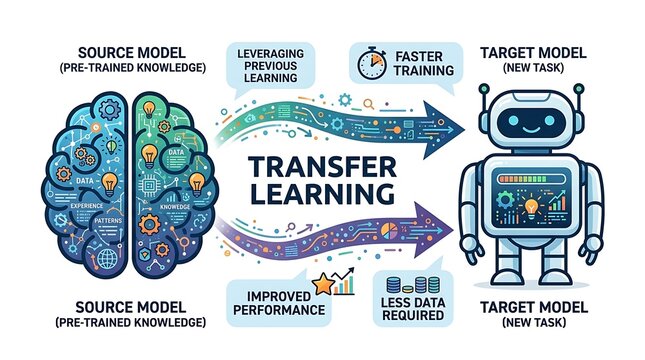 Transfer learning infographic with brain and robot models
