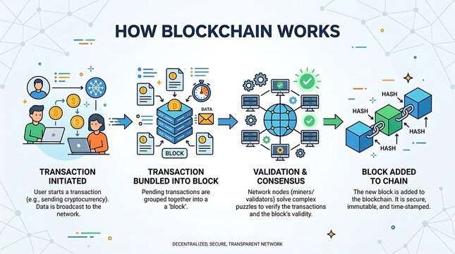 Educational diagram explaining how blockchain technology works
