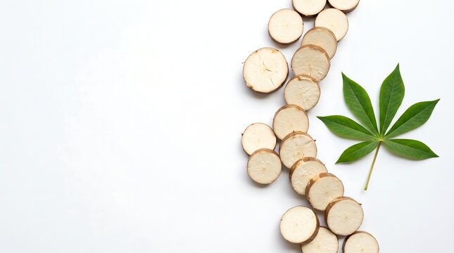 Slices of fresh raw cassava root and a green leaf on a white background with copy space