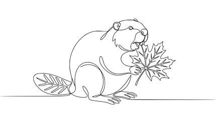 Obraz premium Continuous Line Drawing of a Beaver Holding a Maple Leaf