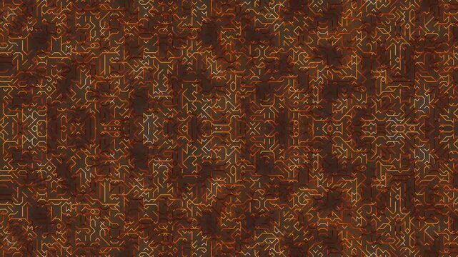 Abstract brown circuit background with moving golden lines technology