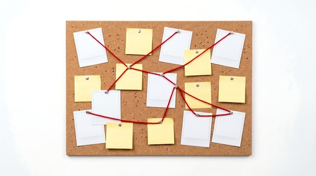 Corkboard investigation board with blank instant photos and yellow notes connected by a red string on white background