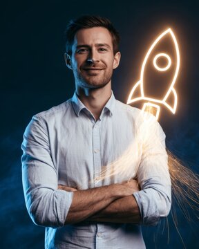 Male business executive with startup rocket concept