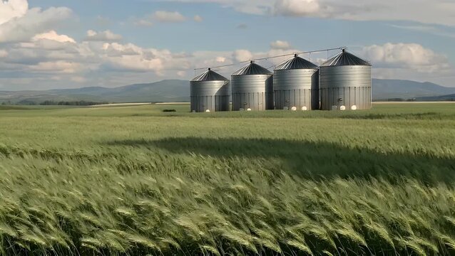 Large Cylindrical Storage Containers Situated in an Agricultural Field of Cultivated Cereal Grain