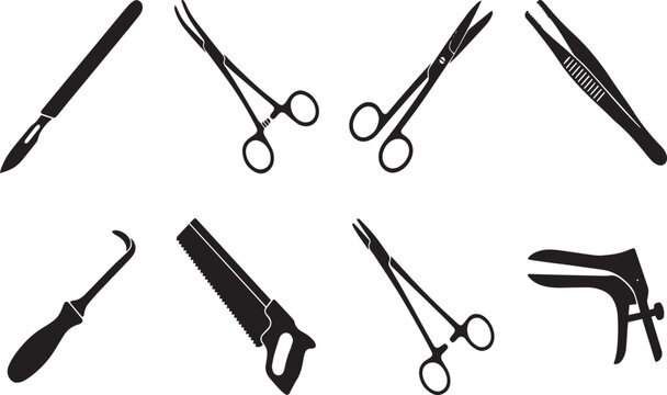 Minimalist Black Vector Surgical and Medical Instruments Silhouette Set Featuring Scalpel Hemostatic Forceps Operating Scissors and Vaginal Speculum Isolated on White Background