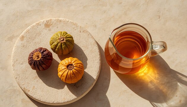 Overhead flat lay of dried garcinia cambogia fruits on a round stone platter beside a glass pitcher of herbal tea.