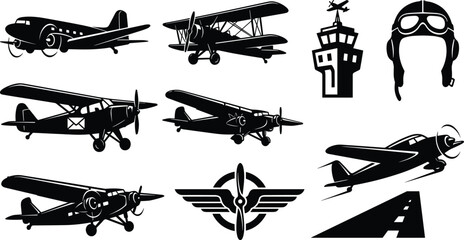 Vintage Airplane Silhouette Collection with Biplanes Pilot Helmet Runway and Control Tower © MdTanvir