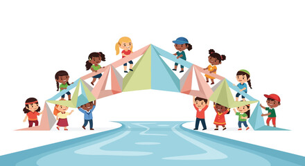 Fototapeta premium Diverse Children Building a Colorful Geometric Bridge Together