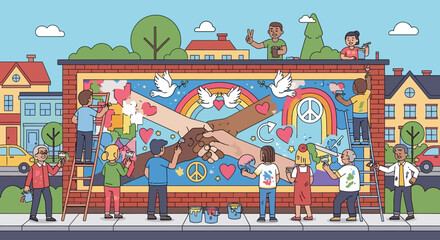 Obraz premium Diverse Community Painting Unity Mural Together