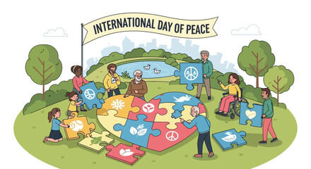Naklejka premium International Day of Peace Concept with Diverse People Assembling Heart Puzzle