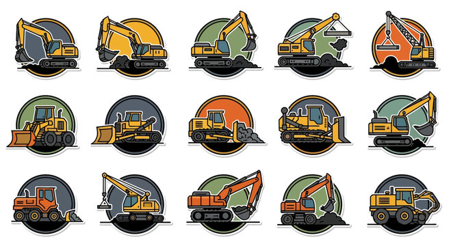 Heavy Construction Machinery Vector Badge Set with Excavators and Bulldozers
