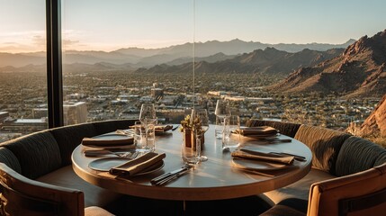 Fototapeta premium Dining table with mountain view, elegant restaurant setting