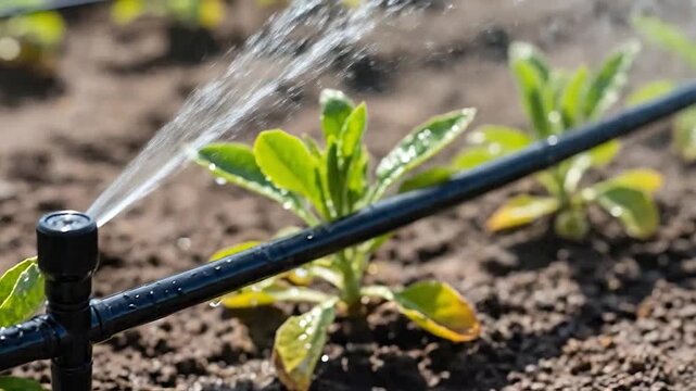 A close-up view of a drip irrigation system watering young green plants