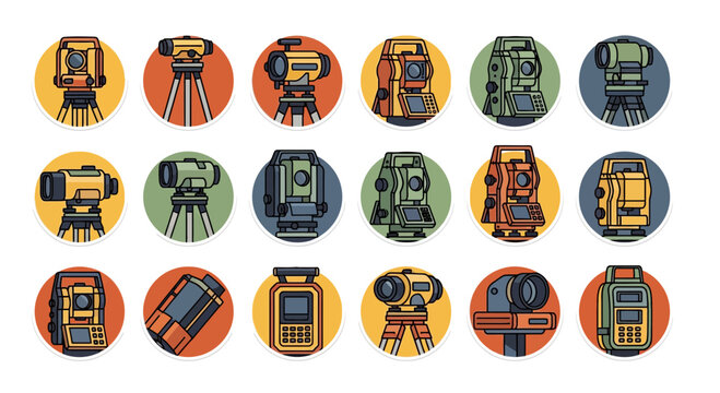 Land Surveying Equipment and Total Station Vector Icon Collection