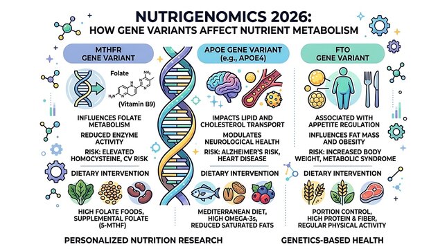 Nutrigenomics infographic explaining genes and nutrient metabolism