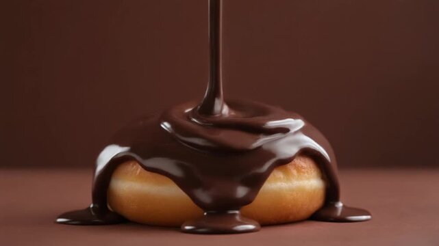 Close Up Delicious Donut Glazed With Dark Chocolate Slow Motion