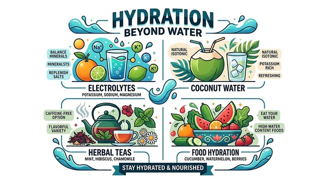 Healthy hydration options infographic with fruits and electrolytes