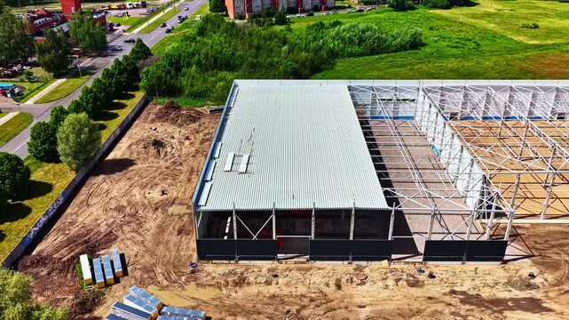 Aerial view of a metal structure for a new warehouse or logistics center under development
