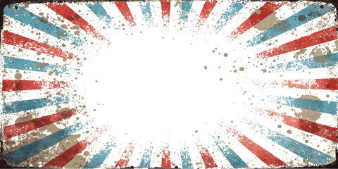 Vintage circus banner template with distressed red and blue radial beams and rusty border © Md