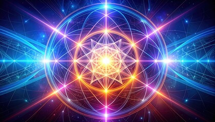 Obraz premium Geometric patterns of light in vivid colors against a cosmic backdrop