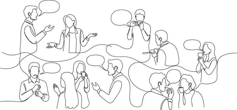 Diverse group of people in casual conversation, some holding drinks, abstract illustration.