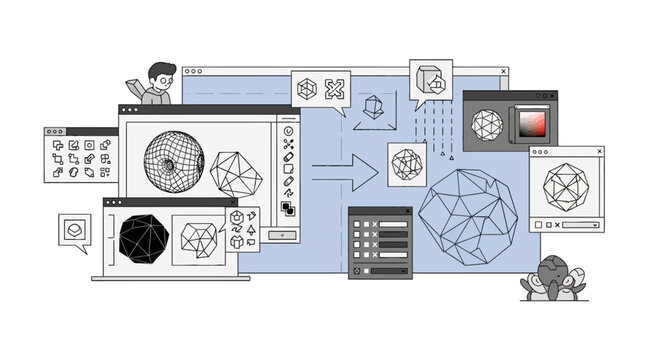 Digital 3d modeling software interface with wireframe geometry