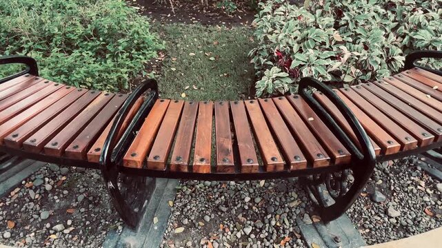 Wooden park bench in a green public garden, peaceful outdoor seating area surrounded by nature, urban park landscape photography.
