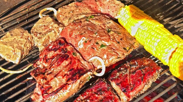Assorted meats and corn grilling over open barbecue with visible grill marks