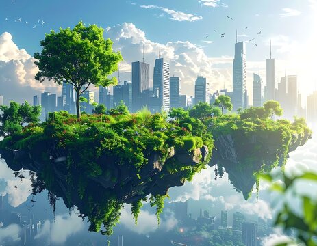Sustainable cityscape with green oasis landscape.