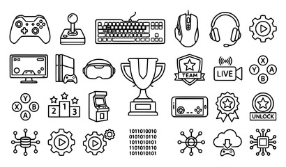Gaming and Esports Outline Icons Vector Set with Controllers Technology and Gadgets © Md