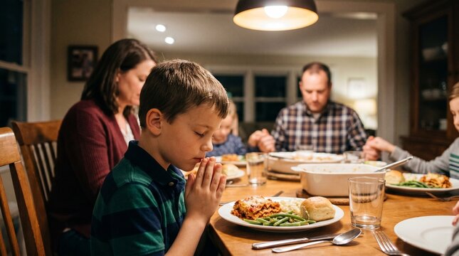 Family praying together at dinner table before meal, showing gratitude and togetherness