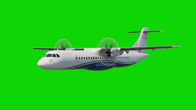 A white twin-engine regional turboprop passenger plane cruising with rapidly spinning propellers. The asset is entirely isolated on a solid green screen for visual effects background replacement.