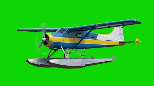A classic 3D animated blue and yellow seaplane with a spinning propeller sits isolated against a bright green screen background. This floatplane asset is perfect for aviation history, coastal travel c